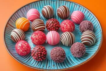 Fototapeta premium Assorted colorful chocolate sweets on a ceramic plate from above