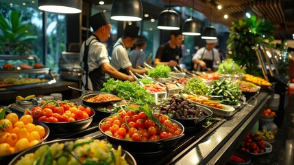 Obraz premium Catering buffet food indoor in restaurant with meat colorful fruits and vegetables 