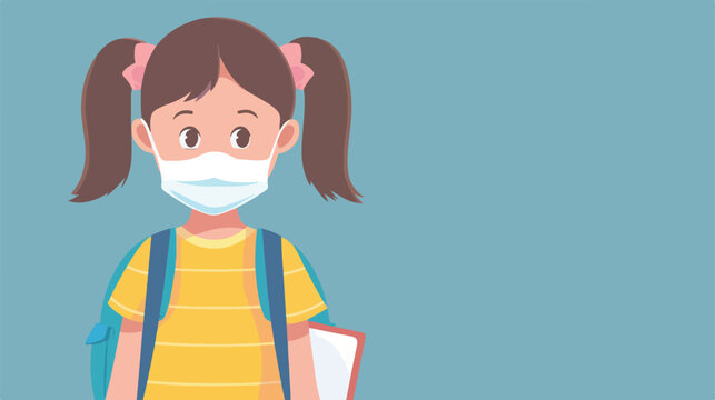 Little student girl wearing medical mask vector 