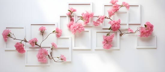 Pink Flowers Behind the wall Decoration on white background. Elegant Floral Wall Decor with Pink Flowers