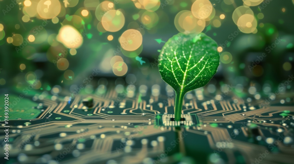 Poster organic integration: circuit board with microchip processor tech and sprouting plant on blurred back