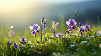 Wild purple violets blooming in sunlit green grass at dawn
