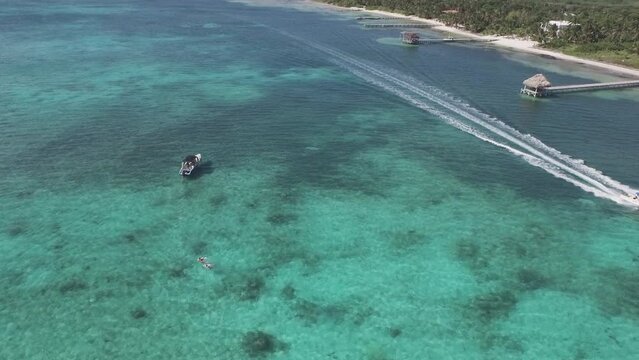 Epic drone shot over majestic blue ocean in Belize