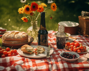 Basket with flowers near fruits on blanket in park. Summer picnic. Summertime, relax, vacation, holidays, weekend.