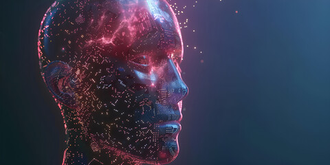 Realistic Artificial intelligence. Computer mind connections head. Human head with circuit board inside. Engineering concept. Technology web background. Virtual concept