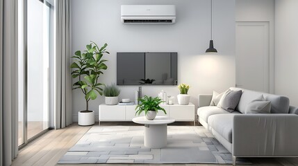 Modern Living Room Interior With Air Conditioner Television Set Potted Plant And Sofa