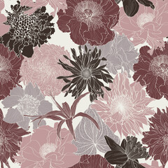 Seamless pattern with image Anemones, poppy, dahlia flowers. The Japanese anemone flowers and stem seamless pattern.  - 769393226