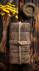 A bundle of brown twine is tied to a piece of cloth - obrazy, fototapety, plakaty