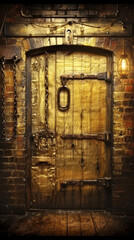 A door with chains hanging from it and a light on the wall. The door is made of wood and has a gold finish