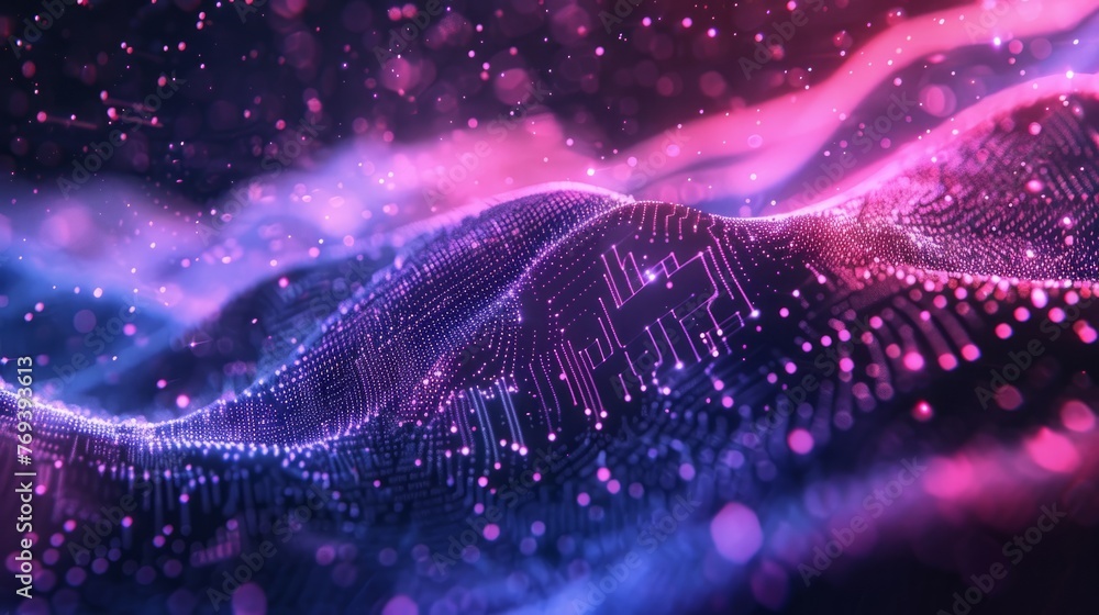 Poster mesmerizing creative motion: waving dots texture with glowing defocused particles, cyber tech backgr