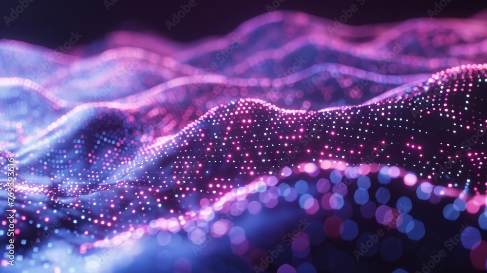 Poster mesmerizing creative motion: waving dots texture with glowing defocused particles, cyber tech backgr