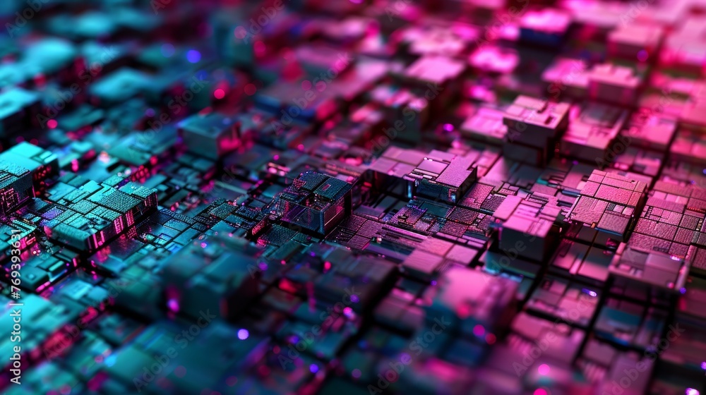 Aufkleber cyber mosaic complex looping background with futuristic digital patterns and glowing neon accents, p