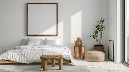 Modern scandinavian and Japandi style bedroom interior design with bed white color. Wooden table and floor mock up frame wall