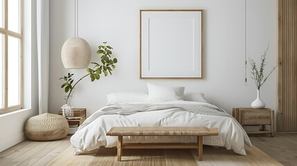 Modern scandinavian and Japandi style bedroom interior design with bed white color. Wooden table...