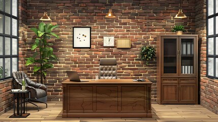 Office Interior With Table Office Chairs Cabinets And Brick Wall