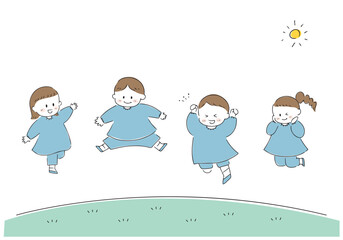 ジャンプするスモックを着た男女のイラスト