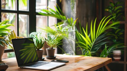Modern workspace vibes: greenery, laptop mockup, and vintage flair at design office desk. Technology and business scene with smartphone and computer in café setting