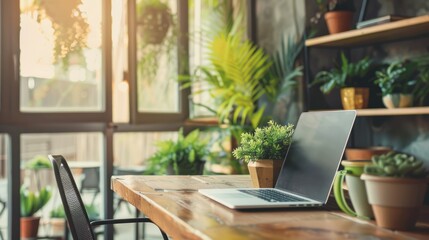 Modern workspace vibes: greenery, laptop mockup, and vintage flair at design office desk. Technology and business scene with smartphone and computer in café setting