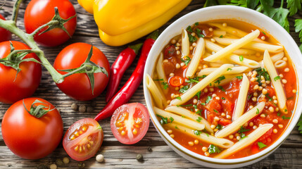 A bowl of pasta with tomatoes and peppers on a wooden table. The bowl is filled with a red sauce and the pasta is long and thin