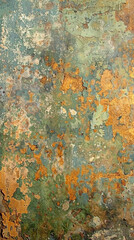 A wall with a green and brown texture. The wall has a lot of cracks and peeling paint