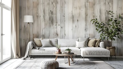 Scandinavian farmhouse living room interior wall mockup