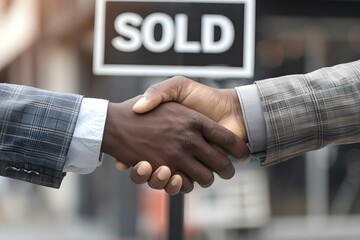 Real estate agent and buyer shake hands in front of a sold sign celebrating a successful home purchase. Concept Real Estate, Home Purchase, Success, Celebration, Shake Hands
