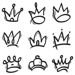 Doodle crowns. Line art king or queen crown sketch, fellow crowned heads tiara, beautiful diadem and luxurious decals vector illustration set. Royal head accessories linear collection - obrazy, fototapety, plakaty