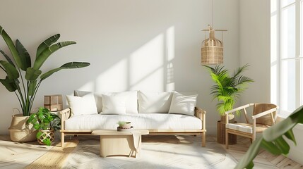 Scandinavian farmhouse living room interior wall mockup