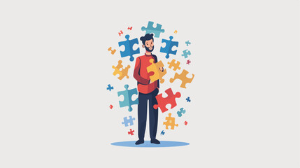 Man with puzzle pieces character flat cartoon 