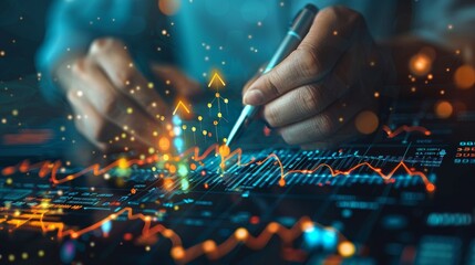 Businessman sketches growth graph line with pen on digital background