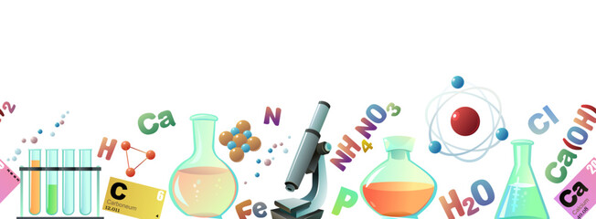 Chemistry. Seamlessly horizontal composition. Isolated on white background. Funny cartoon style. Picture vector