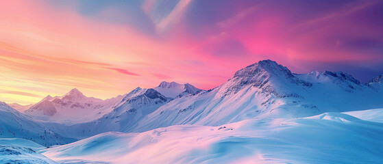 A mountain landscape covered in a blanket of snow, with the colors of the sunrise casting a splendid gradient across the sky, all captured in high-definition to emphasize its mesmerizing vibrancy. - obrazy, fototapety, plakaty