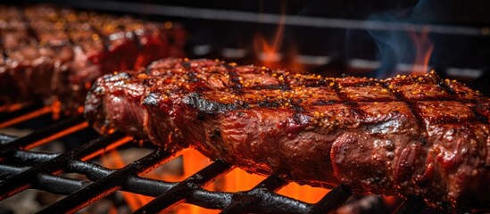 A closeup of a steak sizzling on a barbecue grill, the aroma of the meat cooking under heat...