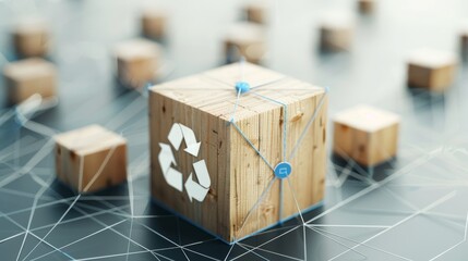 Green Innovation: Recycle Symbol on Wooden Block with User Network Connections, 3D Render
