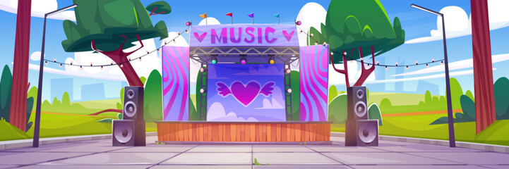 Open air music festival in city park with drums on stage and loudspeakers. Cartoon vector illustration of summer urban garden landscape with stage for band performance, green trees and fan zone.