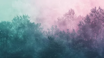 Fotobehang A forest filled with numerous trees covered in thick fog, creating a mystical and enchanting atmosphere, background, wallpaper © keystoker