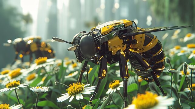 Future vision of solar powered robotic bees pollinating urban gardens
