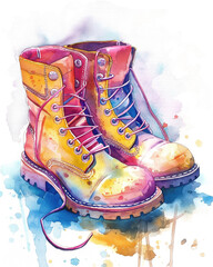 Watercolor art colorful boots shoes Illustration on white background