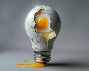a light bulb with a cracked shell from which an egg yolk is spilling out Its a playful blend of two familiar objects, suggesting a surprise or unexpected ideas within a traditional context