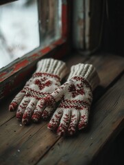 A pair of knitted gloves resting on a wooden table, each finger intricately designed with patterns of wind and waves 