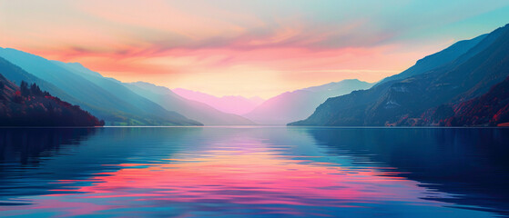 A tranquil lake surrounded by mountains, with the colors of the sunset casting a splendid gradient of colors across the water, captured in high-definition to emphasize its mesmerizing vibrancy.