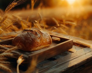 A wooden tray with a fresh loaf and wheat sheaves, golden sunrise  top view, warm tones