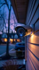 Automated security camera scanning home perimeter, dusk, exterior view, 