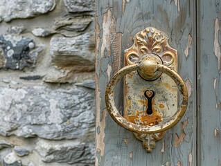 An antique, brass door knocker on a heavy, weathered door, hinting at the mysteries held within the stone cottage 