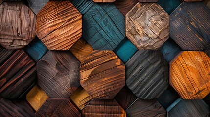 Assorted wood patterns in hexagon shapes, rustic charm, ambient lighting, artistic layout, closeup view, - obrazy, fototapety, plakaty