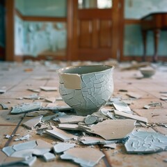 Broken vase pieces on the floor, closeup, aftermath, beauty lost, momentary lapse, 