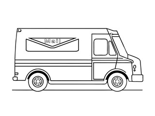 Mail Truck Postal vehicle colouring page black vector outlines isolated on a white background