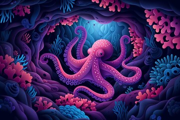 A mysterious design highlighting the elusive octopus amidst a maze of coral and underwater caves