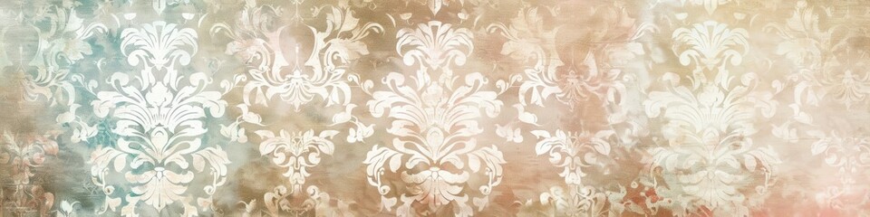 The wall displays a variety of pastel hues and faded damask motifs, creating a vibrant backdrop, background, wallpaper, banner