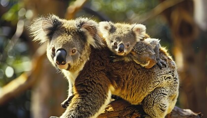 An adorable koala mother cuddles her joey while perched in the fork of a eucalyptus tree, surrounded by green leaves.
